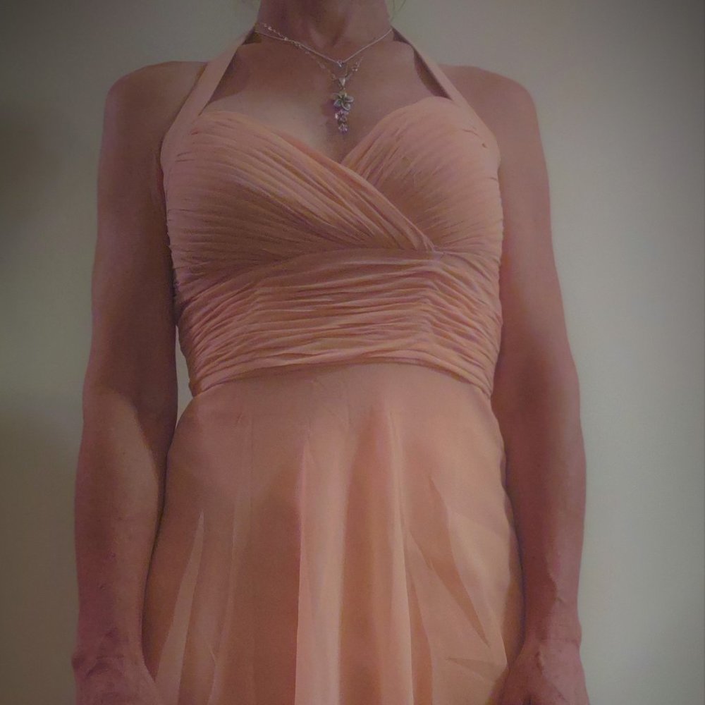 New Faship size 0 peachy-pink chiffon dress. Fully lined. Halter, below the knee